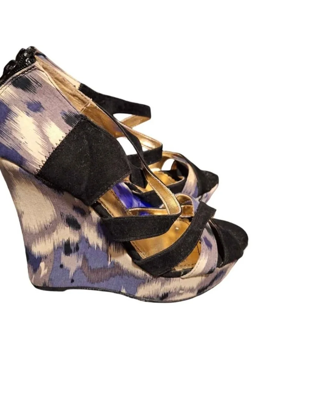 Women's Black and Purple Patterned Wedge Sandals